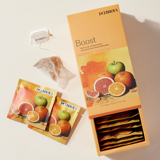 DELISHOUS Boost Grapefruit & Orange Tea package display